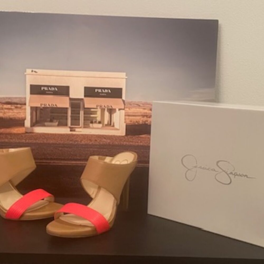 Jessica Simpson tan and neon coral stilettos